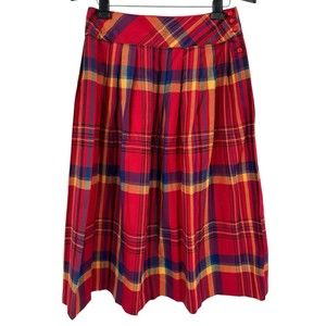 Vintage Wool Blend Midi Skirt 14 Pleated Red Multi Tartan Plaid Rockabilly 70S